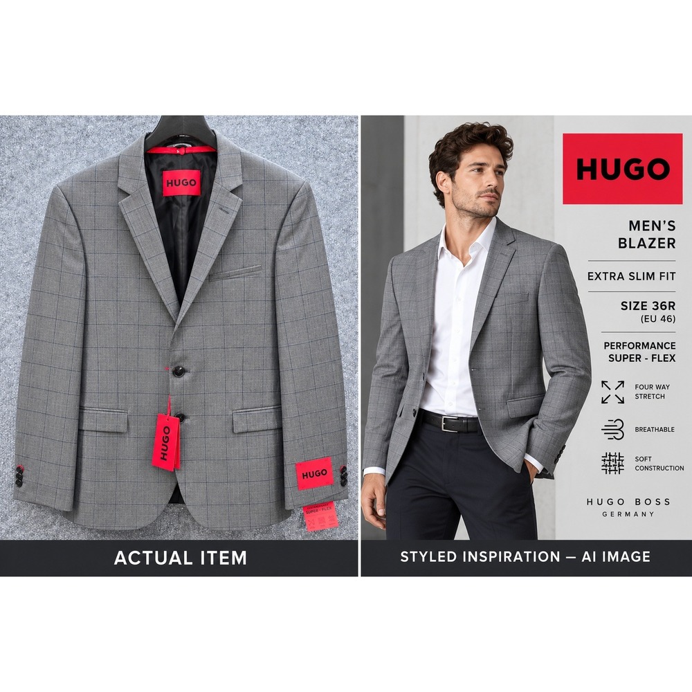 HUGO Blazer Men Extra Slim Fit Performance Super Flex Grey 36R NEW Windowpane